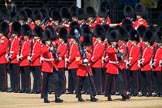 The Colour Party, Colour Sentry Guardsman Jonathon Hughes (26), Colour Sergeant Sam McAuley (31), and Colour Sentry Guardsman Sean Cunningham (21) marching towards their position on Horse Guards Parade during Trooping the Colour 2018, The Queen's Birthday Parade at Horse Guards Parade, Westminster, London, 9 June 2018, 10:31.