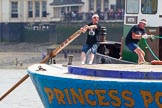 TOW River Thames Barge Driving Race 2013: The race is on - crew member XXX steering barge "Darren Lacey", by Princess Pocahontas..
River Thames between Greenwich and Westminster,
London,

United Kingdom,
on 13 July 2013 at 12:34, image #97