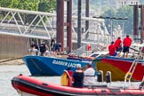 TOW River Thames Barge Driving Race 2013: Barge "Darren Lacey", by Princess Pocahontas, and barge "Jane", by the RMT Union, together before the start of the race..
River Thames between Greenwich and Westminster,
London,

United Kingdom,
on 13 July 2013 at 12:50, image #229