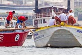 TOW River Thames Barge Driving Race 2013: Barge "Jane", by the RMT Union, on the left, getting too close to barge "Hoppy", by GPS Fabrication..
River Thames between Greenwich and Westminster,
London,

United Kingdom,
on 13 July 2013 at 12:50, image #232