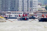 TOW River Thames Barge Driving Race 2013: Barge "Hoppy", by GPS Fabrication, on the left. In the centre barge "Benjamin", by London Party Boats, on the right barge "Blackwall", by the Port of London Authority..
River Thames between Greenwich and Westminster,
London,

United Kingdom,
on 13 July 2013 at 12:51, image #234