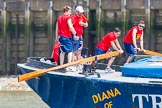 TOW River Thames Barge Driving Race 2013: The rowers at the bow of barge "Diana", by Trinity Buoy Wharf, during the race..
River Thames between Greenwich and Westminster,
London,

United Kingdom,
on 13 July 2013 at 12:59, image #253