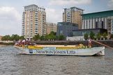 TOW River Thames Barge Driving Race 2013: Barge "Hoppy", by GPS Fabrication, in front of the Virgin Active Heaalth Club at West Ferry Circus, Canary Wharf..
River Thames between Greenwich and Westminster,
London,

United Kingdom,
on 13 July 2013 at 13:15, image #297