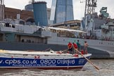 TOW River Thames Barge Driving Race 2013: Barge "Steve Faldo", by Capital Pleasure Boats, passing HMS Belfast..
River Thames between Greenwich and Westminster,
London,

United Kingdom,
on 13 July 2013 at 13:47, image #395