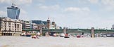 Photo 1307131356135D24335HaraldJoergens TOW River Thames Barge Driving Race 2013: Barges approaching from Southwark Bridge, from left barge "Diana", by Trinity Buoy Wharf, barge "Blackwall", by the Port of London Authority, and barge "Steve Faldo" by Capital Pleasure Boats..
River Thames between Greenwich and Westminster,
London,
United Kingdom,
on 13 July 2013 at 13:56, image #406