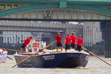 Photo 1307131357041D45303HaraldJoergens TOW River Thames Barge Driving Race 2013: Barge "Blackwall", by the Port of London Authority, followed by barge "Steve Faldo" by Capital Pleasure Boats. Behind them Cannon Street Railway Bridge and Southwark Bridge..
River Thames between Greenwich and Westminster,
London,
United Kingdom,
on 13 July 2013 at 13:57, image #408