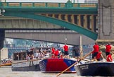 Photo 1307131357151D45315HaraldJoergens TOW River Thames Barge Driving Race 2013: Barge "Blackwall", by the Port of London Authority, followed by barge "Steve Faldo" by Capital Pleasure Boats. Behind them Cannon Street Railway Bridge and Southwark Bridge..
River Thames between Greenwich and Westminster,
London,
United Kingdom,
on 13 July 2013 at 13:57, image #411