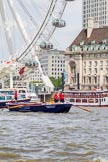 Photo 1307131416231D45398HaraldJoergensE2443 TOW River Thames Barge Driving Race 2013: Barge "Blackwall", by the Port of London Authority, at the London Eye, close to the finish of the race at Westminster Bridge..
River Thames between Greenwich and Westminster,
London,
United Kingdom,
on 13 July 2013 at 14:16, image #418
