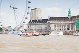 TOW River Thames Barge Driving Race 2013: Barge "Diana", by Trinity Buoy Wharf, at the London Eye, followed by barge "Steve Faldo" by Capital Pleasure Boats, in front of the London Eye and the London Aquarium..
River Thames between Greenwich and Westminster,
London,

United Kingdom,
on 13 July 2013 at 14:17, image #426