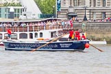 TOW River Thames Barge Driving Race 2013: Barge "Benjamin", by London Party Boats, at the London Eye, close to the finish of the race at Westminster Bridge..
River Thames between Greenwich and Westminster,
London,

United Kingdom,
on 13 July 2013 at 14:19, image #431