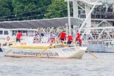 TOW River Thames Barge Driving Race 2013: Barge ""Shell Bay" by South Dock Marina, at the London Eye, close to the finish of the race at Westminster Bridge..
River Thames between Greenwich and Westminster,
London,

United Kingdom,
on 13 July 2013 at 14:23, image #440