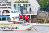 TOW River Thames Barge Driving Race 2013: Barge ""Shell Bay" by South Dock Marina, at the London Eye, close to the finish of the race at Westminster Bridge..
River Thames between Greenwich and Westminster,
London,

United Kingdom,
on 13 July 2013 at 14:23, image #442