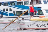 TOW River Thames Barge Driving Race 2013: Barge ""Shell Bay" by South Dock Marina, approaching the finish of the race at Westminster Bridge..
River Thames between Greenwich and Westminster,
London,

United Kingdom,
on 13 July 2013 at 14:23, image #444