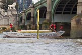 TOW River Thames Barge Driving Race 2013: Barge ""Shell Bay" by South Dock Marina,  crosses the finish of the race at Westminster Bridge..
River Thames between Greenwich and Westminster,
London,

United Kingdom,
on 13 July 2013 at 14:24, image #450