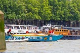 TOW River Thames Barge Driving Race 2013: Barge "The Matchgirls" by Unite the Union, behind the finish line at Westminster Bridge. On the right MV Havengore, hosting VIP guests..
River Thames between Greenwich and Westminster,
London,

United Kingdom,
on 13 July 2013 at 14:37, image #500