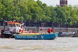 TOW River Thames Barge Driving Race 2013: Barge "The Matchgirls" by Unite the Union, turning around behind the finish line at Westminster Bridge, with GPS Marine tug "GPS India" ready to pull barges back to Greenwich..
River Thames between Greenwich and Westminster,
London,

United Kingdom,
on 13 July 2013 at 14:37, image #501