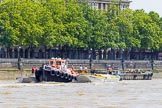 TOW River Thames Barge Driving Race 2013: GPS Marine tug "GPS Vincia", ready to pull barge "Hoppy", by GPS Fabrication, and barge barge "Spirit of Mountabatten", by Mechanical Movements and Enabling Services Ltd, back to Greenwich..
River Thames between Greenwich and Westminster,
London,

United Kingdom,
on 13 July 2013 at 14:39, image #504