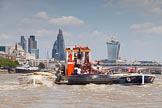 TOW River Thames Barge Driving Race 2013: GPS Marine tug "GPS India", pulling barge "Benjamin", by London Party Boats, and barge "Shell Bay" by South Dock Marina, back to Greenwich. In the background the London skyscapers, the "Gherkin", the "Cheesegrater", and the "Walkie Talkie"..
River Thames between Greenwich and Westminster,
London,

United Kingdom,
on 13 July 2013 at 14:48, image #529