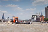 TOW River Thames Barge Driving Race 2013: GPS Marine tug "GPS India", pulling barge "Benjamin", by London Party Boats, and barge "Shell Bay" by South Dock Marina, back to Greenwich..
River Thames between Greenwich and Westminster,
London,

United Kingdom,
on 13 July 2013 at 14:48, image #530