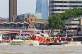 TOW River Thames Barge Driving Race 2013: GPS Marine tug "GPS Vincia" at Blackfriars Bridge, pulling barge "Hoppy", by GPS Fabrication, and barge barge "Spirit of Mountabatten", by Mechanical Movements and Enabling Services Ltd, back to Greenwich..
River Thames between Greenwich and Westminster,
London,

United Kingdom,
on 13 July 2013 at 14:50, image #534