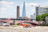 TOW River Thames Barge Driving Race 2013: Barges on the way back to Greenwich, passing Blackfriars Bridge, with the "Shard" building in the background..
River Thames between Greenwich and Westminster,
London,

United Kingdom,
on 13 July 2013 at 14:51, image #536