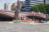 TOW River Thames Barge Driving Race 2013: Barge "Hoppy", by GPS Fabrication being towed back to Greenwich by GPS Marine tug "Vincia", here passing Blackfriars Bridge..
River Thames between Greenwich and Westminster,
London,

United Kingdom,
on 13 July 2013 at 14:52, image #537