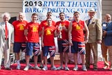 TOW River Thames Barge Driving Race 2013: The "Bill Lindley Trophy", for the second rank winner, goes to the crew of barge "Diana", by Trinity Buoy Wharf..
River Thames between Greenwich and Westminster,
London,

United Kingdom,
on 13 July 2013 at 16:25, image #577