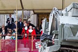 The Lord Mayor's Show 2011: The new Lord Mayor, David Wootton, on the balcony of Mansion House, as an armored personal carrier from 151 (London) Transport Regiment (V) passes by..
Opposite Mansion House, City of London,
London,
-,
United Kingdom,
on 12 November 2011 at 11:30, image #314