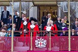 The Lord Mayor's Show 2011: The new Lord Mayor, David Wooton, and the outgoing Lord Mayor, Michael Bear, behind them the City Sheriffs, Alan Yarrow and Wendy Mead, on the balcony of Mansion House..
Opposite Mansion House, City of London,
London,
-,
United Kingdom,
on 12 November 2011 at 11:38, image #380