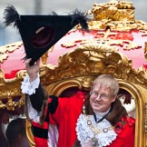 The Lord Mayor's Show 2011: The new Lord Mayor, David Wootton, waving from the golden state coach that is about to carry him to St Pauls Catherdral..
Opposite Mansion House, City of London,
London,
-,
United Kingdom,
on 12 November 2011 at 12:19, image #759