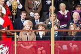 Lord Mayor's Show 2012: The outgoing Lady Mayoress, Liz Wootton,  with Sophie Wootton, and James Wootton, and Christopher Wootton behind..
Press stand opposite Mansion House, City of London,
London,
Greater London,
United Kingdom,
on 10 November 2012 at 11:11, image #437