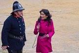 Lord Mayor's Show 2012: Entrry 104 - Modern Livery Companies, representing 26 Livery Companies, here with the BBC's Sonali Shah interviewing a fire fighter..
Press stand opposite Mansion House, City of London,
London,
Greater London,
United Kingdom,
on 10 November 2012 at 11:52, image #1459