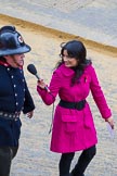 Lord Mayor's Show 2012: Entrry 104 - Modern Livery Companies, representing 26 Livery Companies, here with the BBC's Sonali Shah interviewing a fire fighter..
Press stand opposite Mansion House, City of London,
London,
Greater London,
United Kingdom,
on 10 November 2012 at 11:52, image #1465