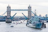 Lord Mayor's Show 2013: The Lord Mayor's flotilla at Tower Bridge, the bridge raised in honour of the Lord Mayor, who's also Admiral of the Port of London. On the right HMS Belfast. Photo: Mike Garland..




on 09 November 2013 at 09:24, image #46