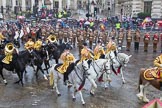 Lord Mayor's Show 2013: The Mounted Band of the Household Cavalry. Behind them The London Regiment, Guard of Honour for the Lord Mayor..
Press stand opposite Mansion House, City of London,
London,
Greater London,
United Kingdom,
on 09 November 2013 at 10:48, image #86