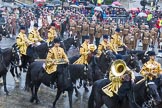 Lord Mayor's Show 2013: The Mounted Band of the Household Cavalry. Behind them The London Regiment, Guard of Honour for the Lord Mayor..
Press stand opposite Mansion House, City of London,
London,
Greater London,
United Kingdom,
on 09 November 2013 at 10:48, image #87