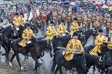 Lord Mayor's Show 2013: The Mounted Band of the Household Cavalry. Behind them The London Regiment, Guard of Honour for the Lord Mayor..
Press stand opposite Mansion House, City of London,
London,
Greater London,
United Kingdom,
on 09 November 2013 at 10:48, image #88