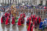 Lord Mayor's Show 2013: 7-Society of Young Freemen, escorts the figures of God and Magog, traditional guardians of London..
Press stand opposite Mansion House, City of London,
London,
Greater London,
United Kingdom,
on 09 November 2013 at 11:03, image #189