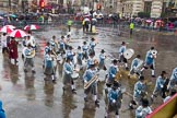 Lord Mayor's Show 2013: 81-Zunft Zur Zimmerleuten Band- the band traditionally supports the Zurich Swiss Gild of the Zimmerleuten in its parade and pageants, and is continuing that tradition today..
Press stand opposite Mansion House, City of London,
London,
Greater London,
United Kingdom,
on 09 November 2013 at 11:45, image #975