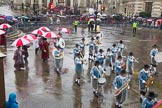 Lord Mayor's Show 2013: 81-Zunft Zur Zimmerleuten Band- the band traditionally supports the Zurich Swiss Gild of the Zimmerleuten in its parade and pageants, and is continuing that tradition today..
Press stand opposite Mansion House, City of London,
London,
Greater London,
United Kingdom,
on 09 November 2013 at 11:45, image #977