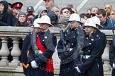 Remembrance Sunday at the Cenotaph in London 2014: Royal Marines in position on the northern side of Whitehall.
Press stand opposite the Foreign Office building, Whitehall, London SW1,
London,
Greater London,
United Kingdom,
on 09 November 2014 at 10:22, image #50