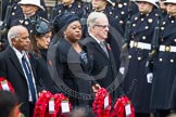 Remembrance Sunday at the Cenotaph in London 2014: The High Commissioner of Guyana, the High Commissioner of Singapore, the High Commissioner of Zambia and and the High Commissioner of Malta with their wreaths at the Cenotaph.
Press stand opposite the Foreign Office building, Whitehall, London SW1,
London,
Greater London,
United Kingdom,
on 09 November 2014 at 11:03, image #174