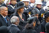 Remembrance Sunday at the Cenotaph in London 2014: The High Commissioner of St Lucia, the High Commissioner of  Commonwealth of Dominica, and the High Commissioner of the Seychelles with their wreaths at the Cenotaph.
Press stand opposite the Foreign Office building, Whitehall, London SW1,
London,
Greater London,
United Kingdom,
on 09 November 2014 at 11:03, image #181