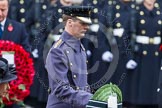 Remembrance Sunday at the Cenotaph in London 2014: Captain Michael Dobson, Equerry to HRH The Duke of Edinburgh, handing over the wreath.
Press stand opposite the Foreign Office building, Whitehall, London SW1,
London,
Greater London,
United Kingdom,
on 09 November 2014 at 11:04, image #189