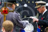 Remembrance Sunday at the Cenotaph in London 2014: Lieutenant Colonel David Bevan, Equerry to HRH The Prince of Wales, handing over the wreath to Prince Charles.
Press stand opposite the Foreign Office building, Whitehall, London SW1,
London,
Greater London,
United Kingdom,
on 09 November 2014 at 11:04, image #194