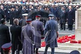 Remembrance Sunday at the Cenotaph in London 2014: Admiral Sir George Zambellas, representing the Royal Navy, General Sir Nicholas Houghton  as the Chief of the Defence Staff, and Air Chief Marshall Sir Andrew Pulford for the RAF laying their wreaths together.
Press stand opposite the Foreign Office building, Whitehall, London SW1,
London,
Greater London,
United Kingdom,
on 09 November 2014 at 11:14, image #258