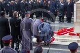 Remembrance Sunday at the Cenotaph in London 2014: Admiral Sir George Zambellas, representing the Royal Navy, General Sir Nicholas Houghton  as the Chief of the Defence Staff, and Air Chief Marshall Sir Andrew Pulford for the RAF laying their wreaths together.
Press stand opposite the Foreign Office building, Whitehall, London SW1,
London,
Greater London,
United Kingdom,
on 09 November 2014 at 11:14, image #259