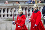 Remembrance Sunday at the Cenotaph 2015: The two markers for the Household Cavalry detachment are marching to their designated position on Whitehall. Image #21, 08 November 2015 10:07 Whitehall, London, UK