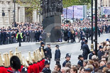 Remembrance Sunday at the Cenotaph 2015: The Memorial for Women in World War II, with the first column of veterans waiting for the March Past marching from Horse Guards Parade to Whitehall. Image #57, 08 November 2015 10:33 Whitehall, London, UK