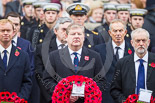 Remembrance Sunday at the Cenotaph 2015: The Leader of the Liberal Democrats, Tim Fallon, the Westminster Leader of the Scottish National Party, Angus Robertson, and the Leader of the Opposition, Jeremy Corbyn. Behind them the Chancellor of the Exchequer, George Osborne, and former prime ministers Gordon Brown and  Tony Blair. Image #156, 08 November 2015 11:02 Whitehall, London, UK